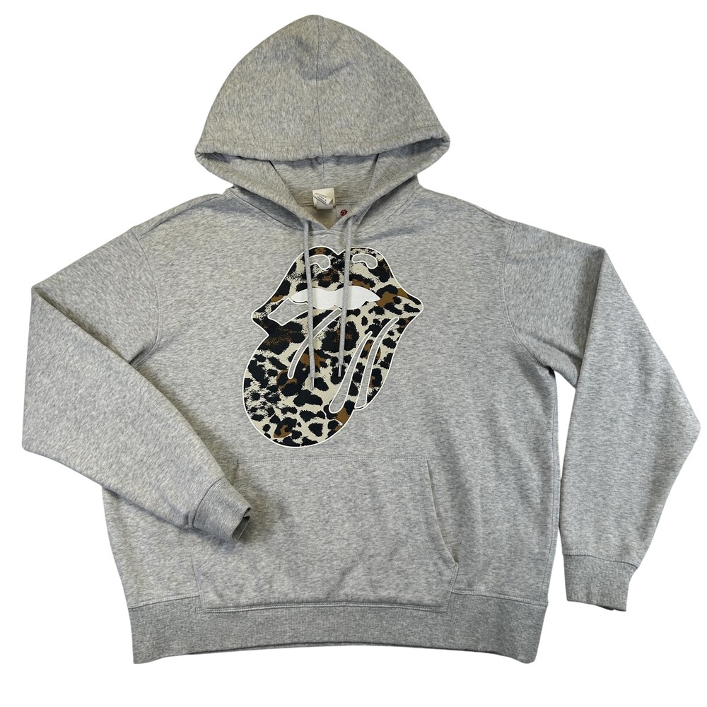 H&M Hoodie Sweatshirt Womens Large Gray Rolling Stones Leopard Fleece Pullover